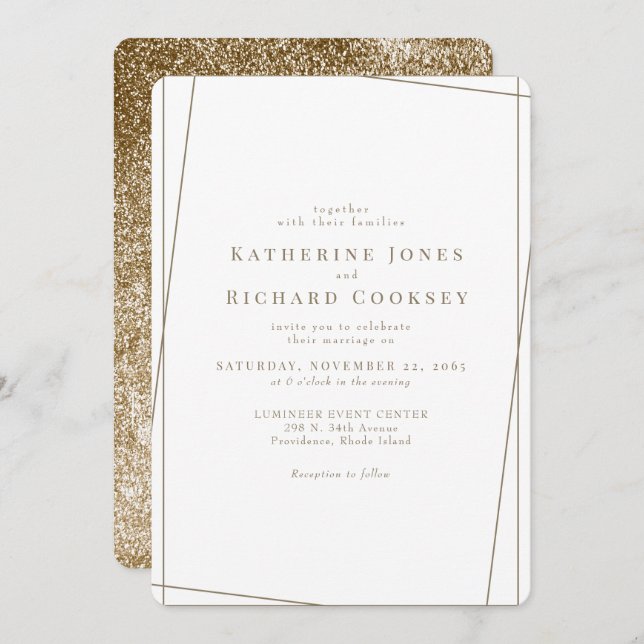 Modern White & Gold Geometric Glam Wedding Invitation (Front/Back)