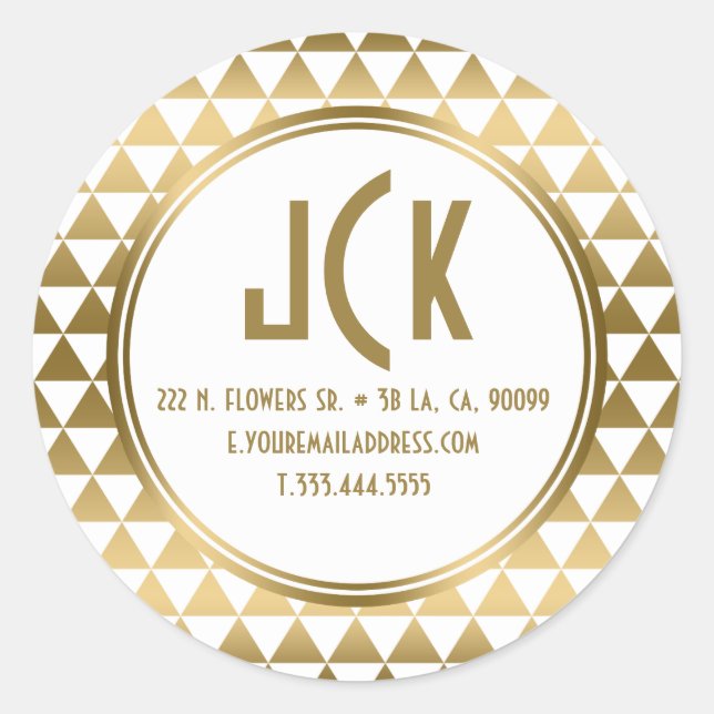 Modern White & Gold Geometric Triangles Pattern Classic Round Sticker (Front)