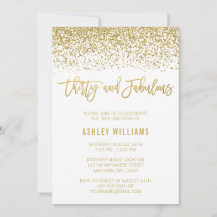 Modern White Gold Glitter 30 Fabulous Birthday Invitation
