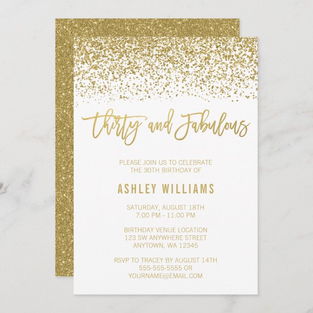 Modern White Gold Glitter 30 Fabulous Birthday Invitation (Front/Back)
