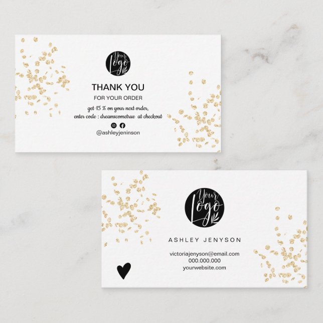 Modern white gold glitter logo order thank you business card (Front/Back)