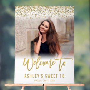 Modern White Gold Glitter Sweet 16 Photo Welcome Acrylic Sign