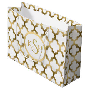 Modern White & Gold Ikat Quatrefoil Pattern Large Gift Bag