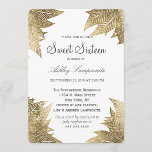 Modern White Gold Leaves Sweet 16 Invitation