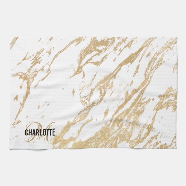 Modern white gold marble monogram name  tea towel (Horizontal)