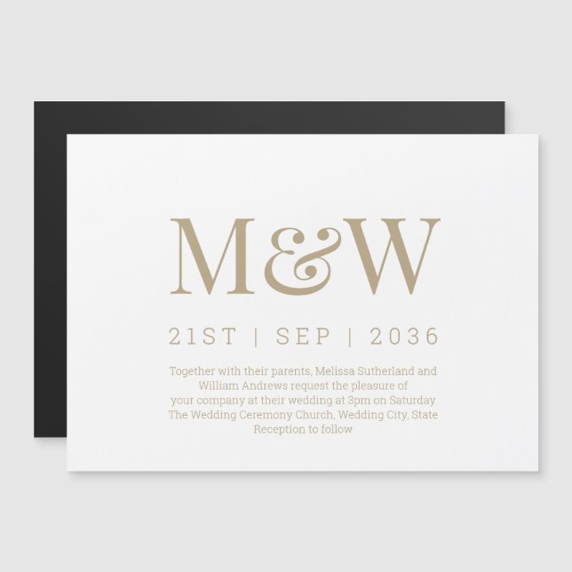 Modern White Gold Monogram Wedding Magnetic Invitation (Front/Back)