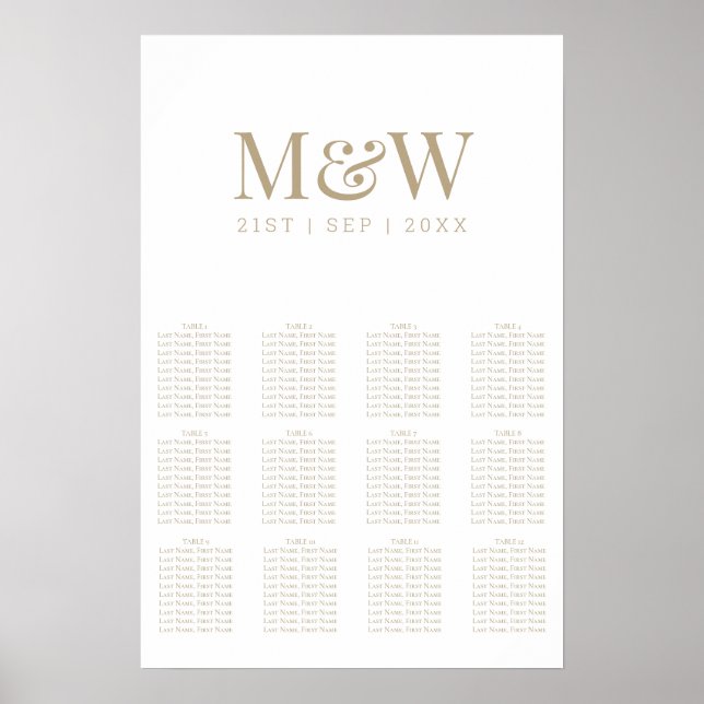 Modern White Gold Monogram Wedding Seating Chart (Front)