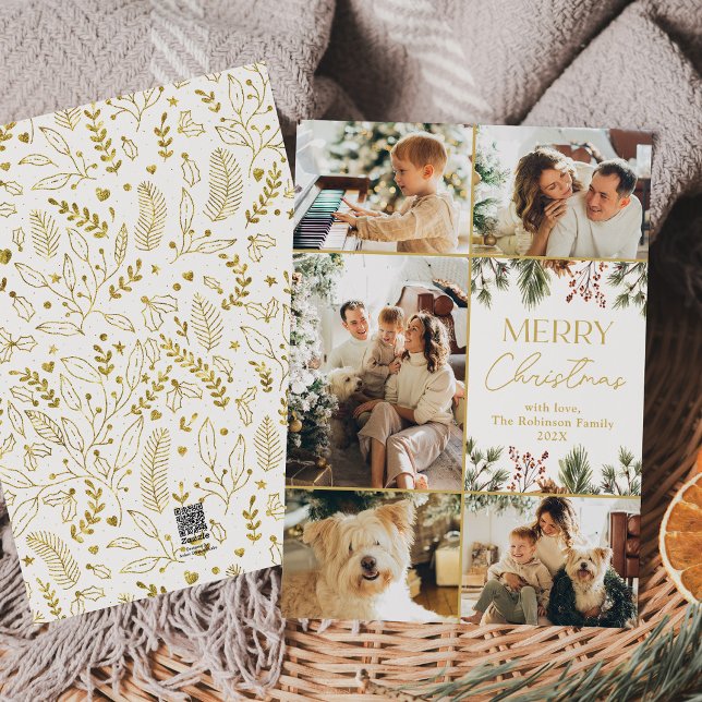 Modern White Gold Multi Photo Merry Christmas Holiday Card (Creator Uploaded)