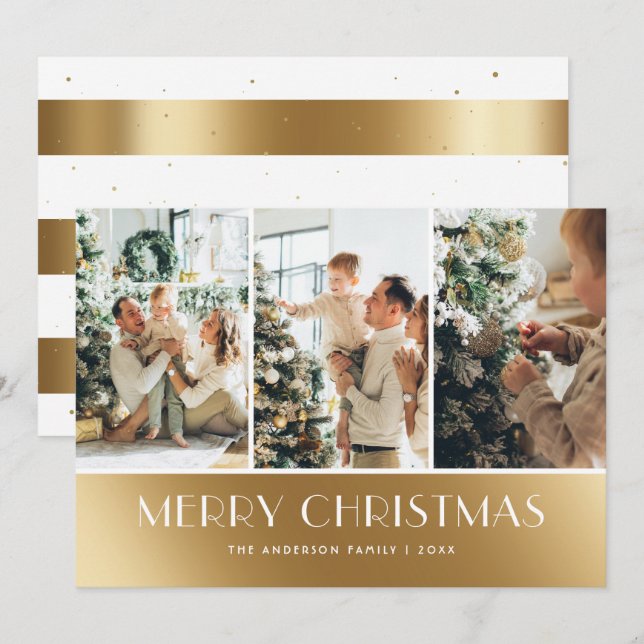 Modern White Gold Photo Collage Christmas Cards (Front/Back)