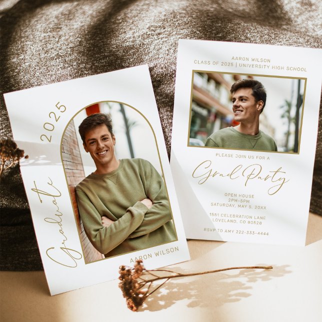 Modern White Gold Photo Graduation Party Invitation (Creator Uploaded)