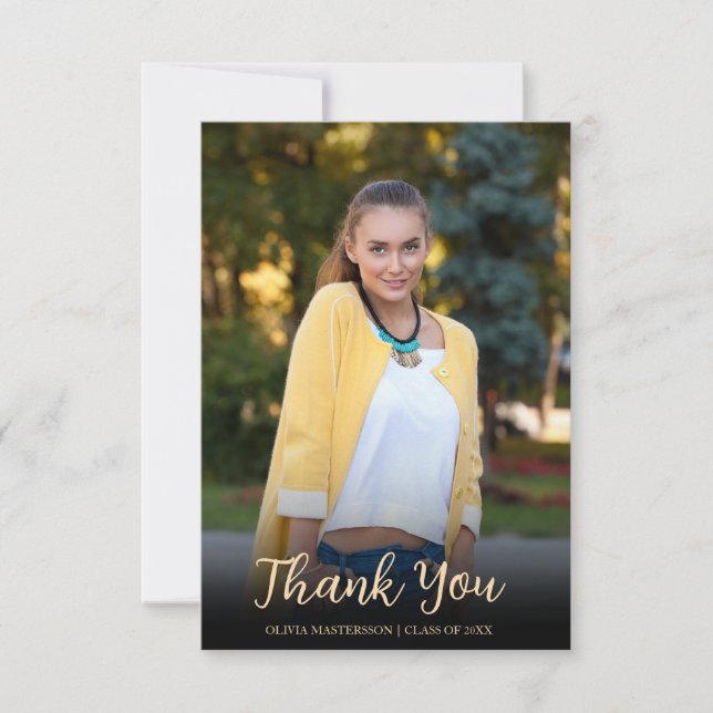 Modern White Gold Photo Graduation  Thank You Card (Front)