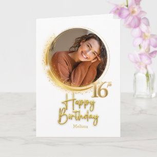Modern White & Gold Photo Name 16th Birthday Card