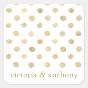 Modern White & Gold Polka Dots Wedding Favour Square Sticker