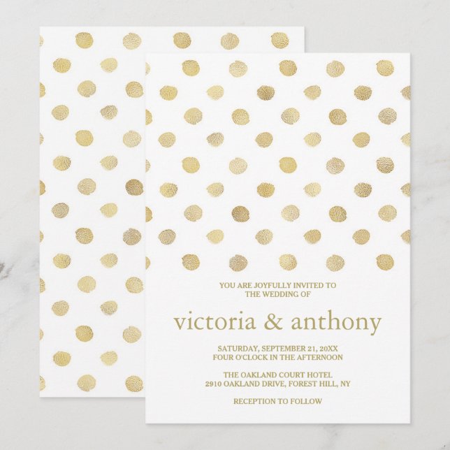 Modern White & Gold Polka Dots Wedding Invitation (Front/Back)