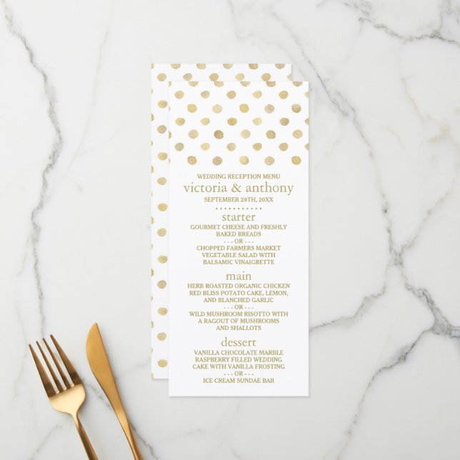 Modern White & Gold Polka Dots Wedding Menu (Front/Back In Situ)
