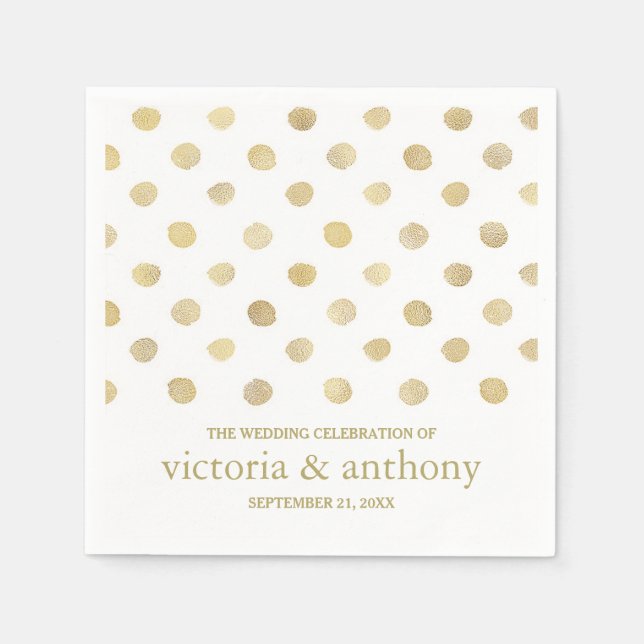 Modern White & Gold Polka Dots Wedding Napkin (Front)