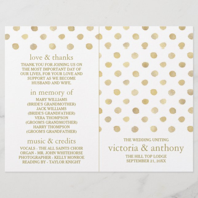 Modern White & Gold Polka Dots Wedding Program (Front)