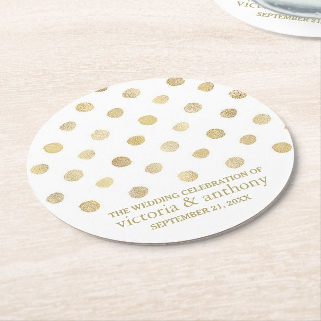 Modern White & Gold Polka Dots Wedding Round Paper Coaster (Angled)