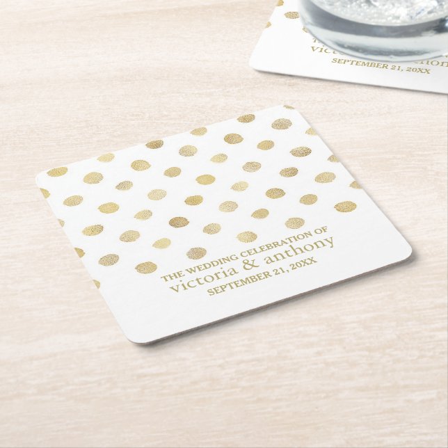 Modern White & Gold Polka Dots Wedding Square Paper Coaster (Angled)