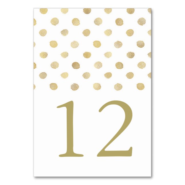 Modern White & Gold Polka Dots Wedding Table Number (Front)