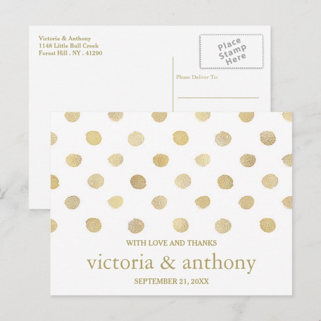 Modern White & Gold Polka Dots Wedding Thank You Postcard (Front/Back)