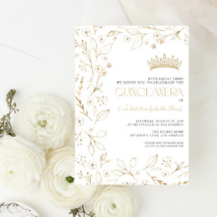 Modern White Gold Rose Floral Tiara Quinceañera Invitation