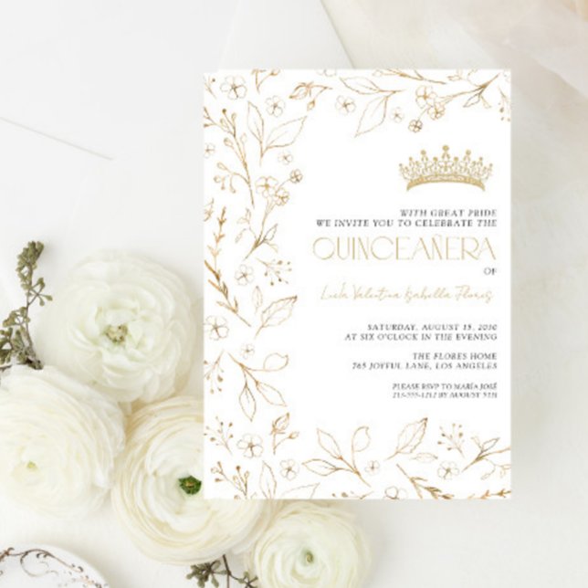 Modern White Gold Rose Floral Tiara Quinceañera Invitation (Creator Uploaded)