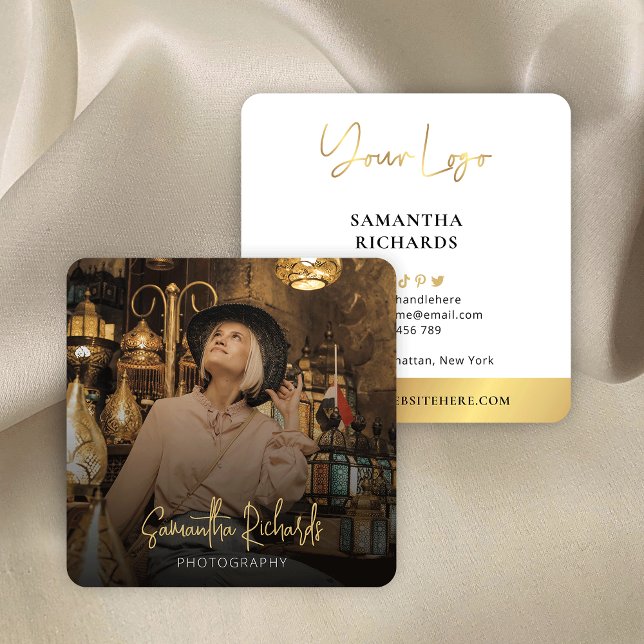 Modern White & Gold Script Logo Full Photo Square Business Card (Creator Uploaded)
