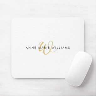 Modern White Gold Script Monogram Mouse Mat