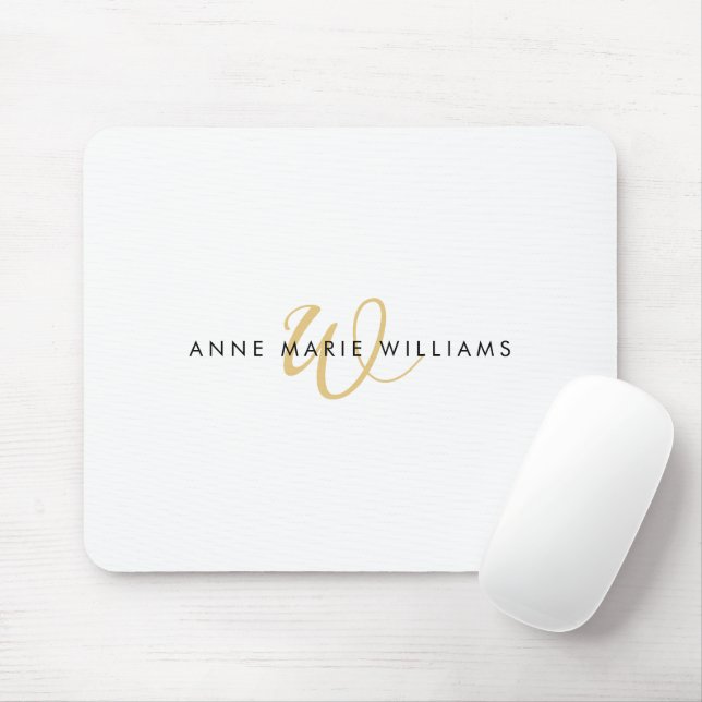 Modern White Gold Script Monogram Mouse Mat (With Mouse)