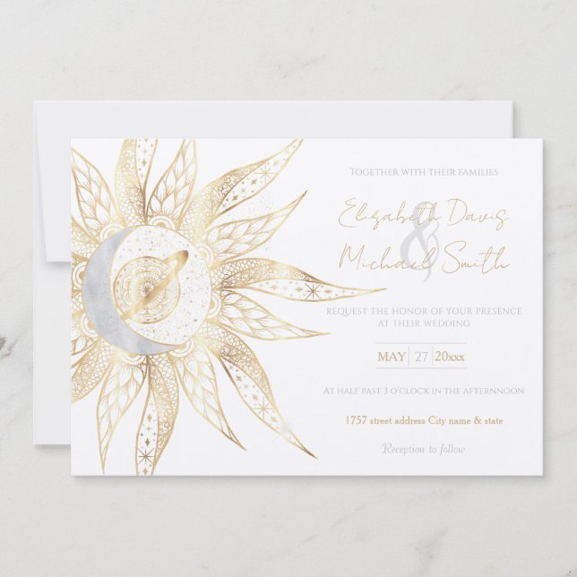 Modern White Gold Sun Moon Planet Universe Mandala Invitation (Front)