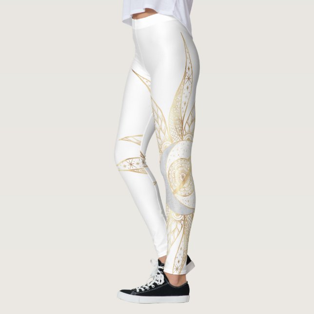 Modern White Gold Sun Moon Planet Universe Mandala Leggings (Left)