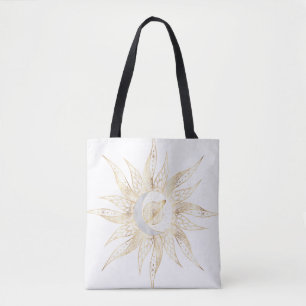 Modern White Gold Sun Moon Planet Universe Mandala Tote Bag