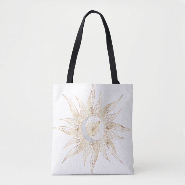 Modern White Gold Sun Moon Planet Universe Mandala Tote Bag (Front)