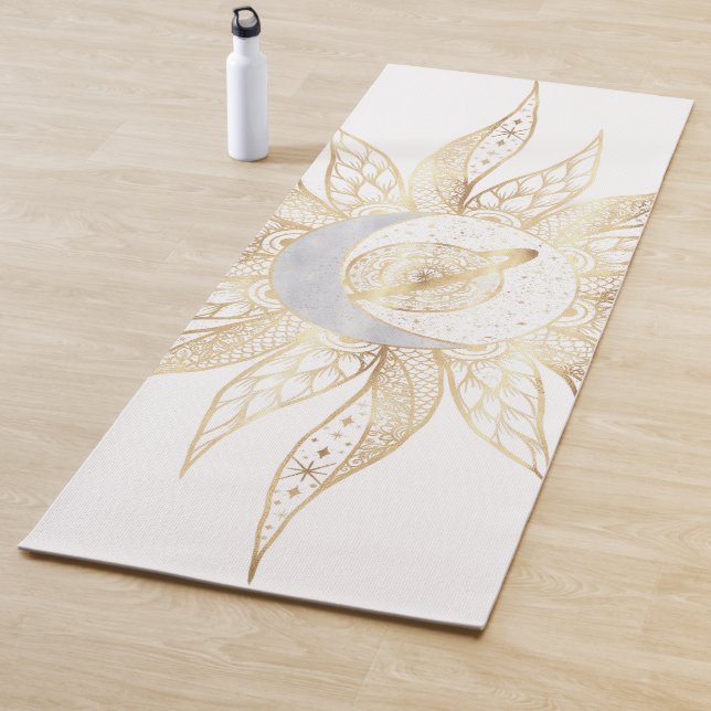 Modern White Gold Sun Moon Planet Universe Mandala Yoga Mat (In Situ)