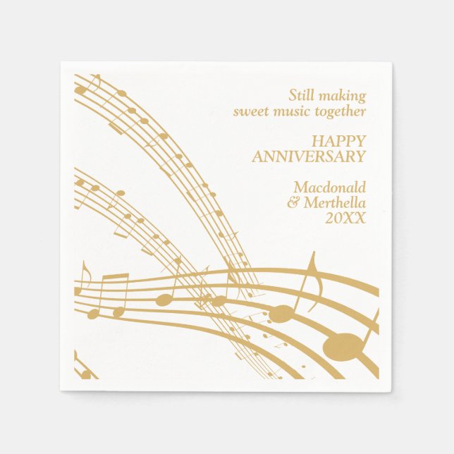 Modern White Gold SWEET MUSIC Happy Anniversary Napkin (Front)