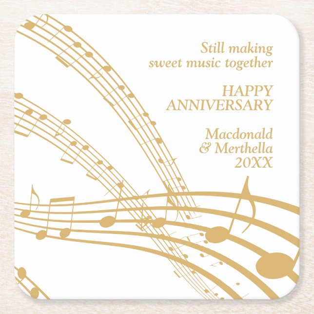 Modern White Gold SWEET MUSIC Happy Anniversary Square Paper Coaster (Front)