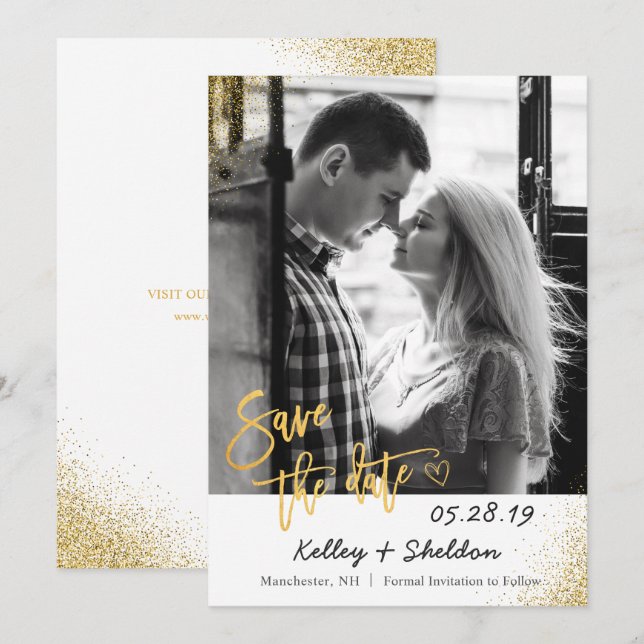 Modern White & Gold Wedding Save The Date Photo (Front/Back)