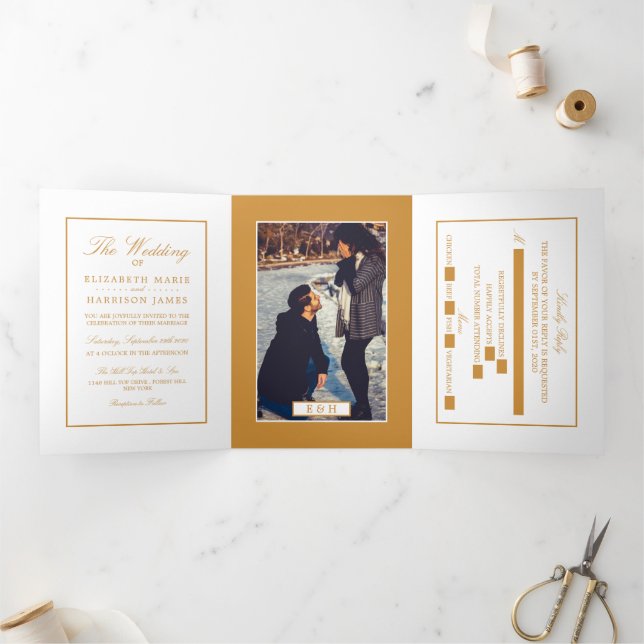 Modern White & Gold, Wedding Suite Tri-Fold Invitation (Inside)