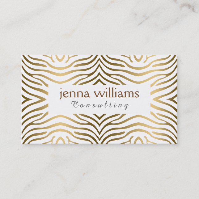 Modern White & Gold Zebra Print Business Card (Front)