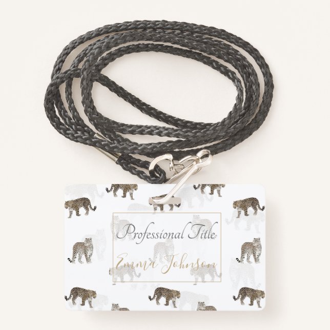 Modern White Golden Leopard Jungle Animals ID Badge (Front with Lanyard)