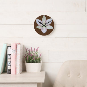 Modern White Golden-rayed lily Flower Pattern Round Clock