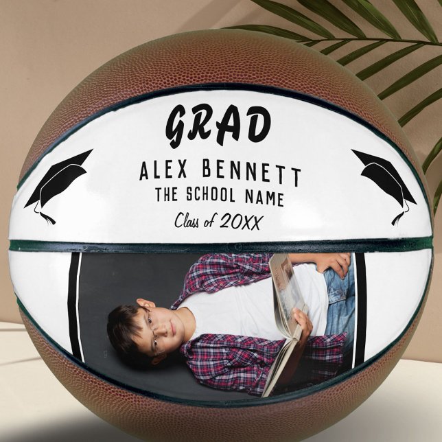 Modern White Graduate Name / Grad Graduation Photo Basketball (Creator Uploaded)