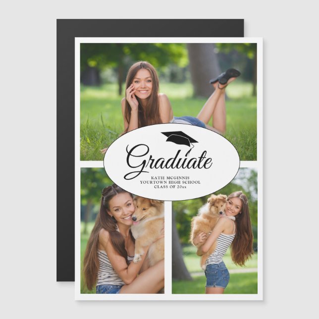 Modern White Graduation 3 Photo Collage Class 2022 Magnetic Invitation (Front/Back)