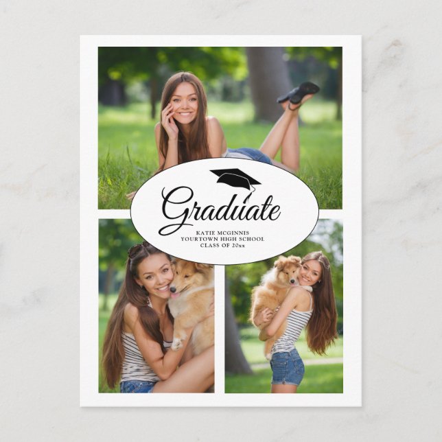Modern White Graduation 3 Photo Collage Invitation Postcard (Front)