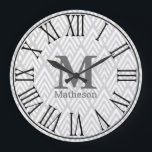 Modern White & Gray Art Deco Roman Numerals Name Large Clock<br><div class="desc">Trendy wall clock featuring a modern white and gray arrows design with large black roman numerals and personalized monogram. The background color is light gray but can  be customized.</div>