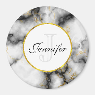 Modern White Gray Marble with Gold Ribbon Monogram Magnet