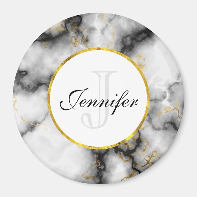 Modern White Gray Marble with Gold Ribbon Monogram Magnet (Front)
