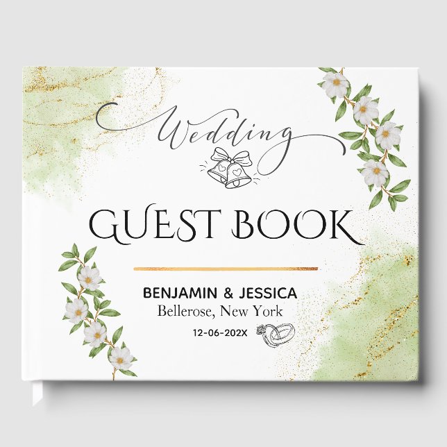 Modern White & Green Floral Watercolor Wedding  Guest Book (Front)