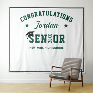 Modern White Green Graduation Photo Booth Backdrop Tapestry